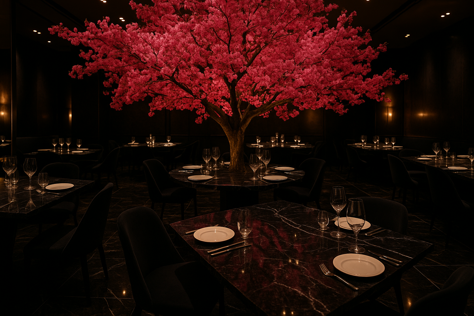 Make the black tables black marble tables with marble flooring